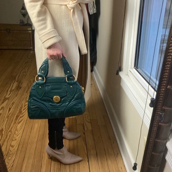 Marc by Marc Jacobs satchel leather plaid lining compartments green gold - Picture 2 of 16